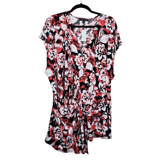 Lane Bryant Womens Short Sleeve Red White Floral Print Top Size 26/28 NWT
