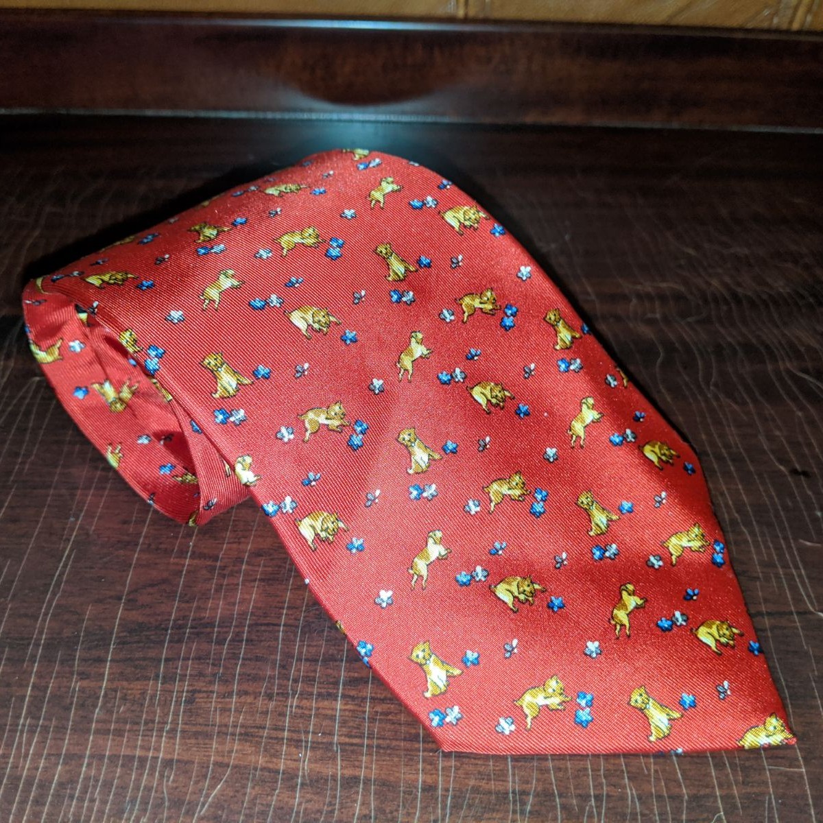 Ferragamo Silk Tie Red w/ Dog Pattern