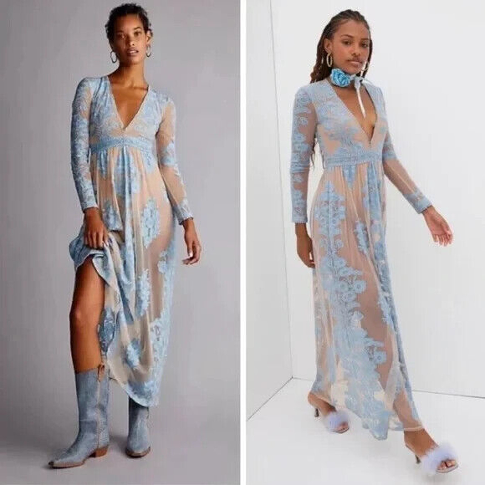 NWT For Love & Lemons Temecula Maxi Dress in Rainsong Light Blue Size XS