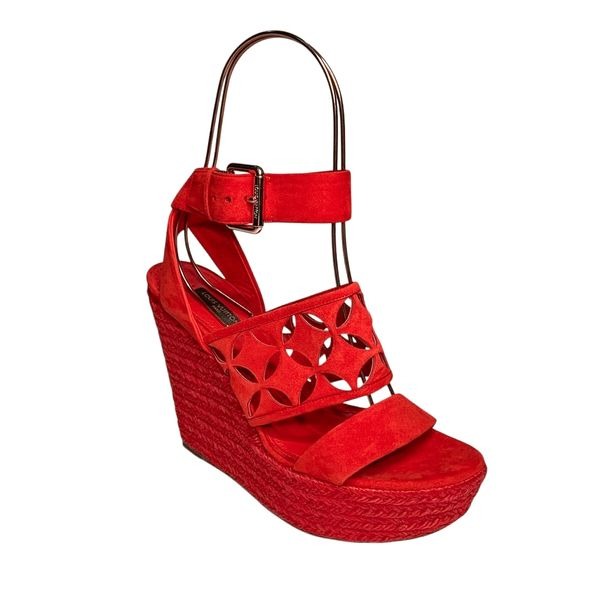 Louis Vuitton Ankle Wrap Espadrille Lasercut Logo Wedge Suede Sandals EU 37 US 7