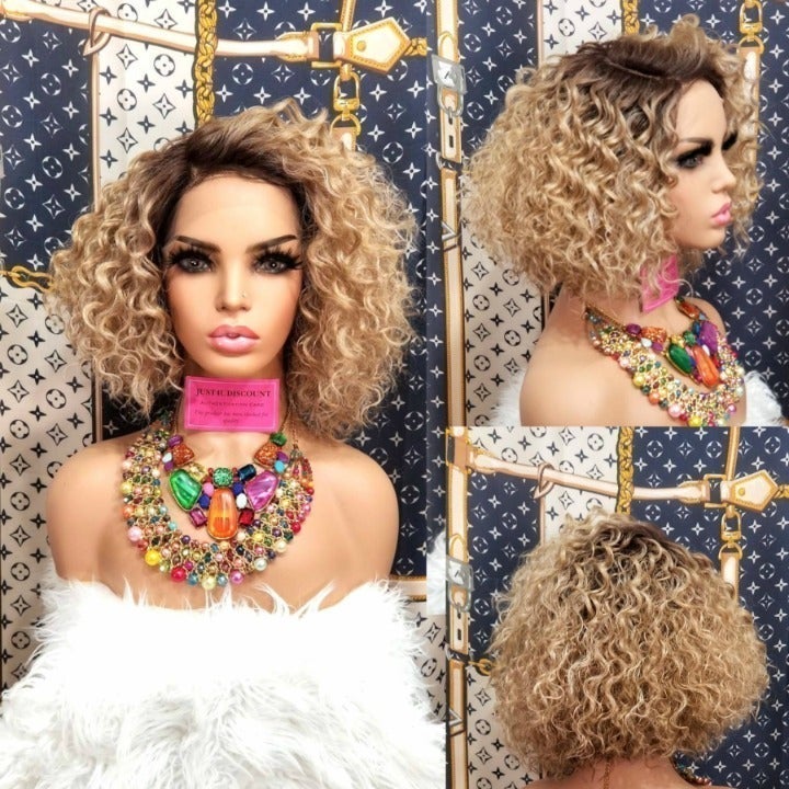 Bouncy blonde brown ash bob lace wig
