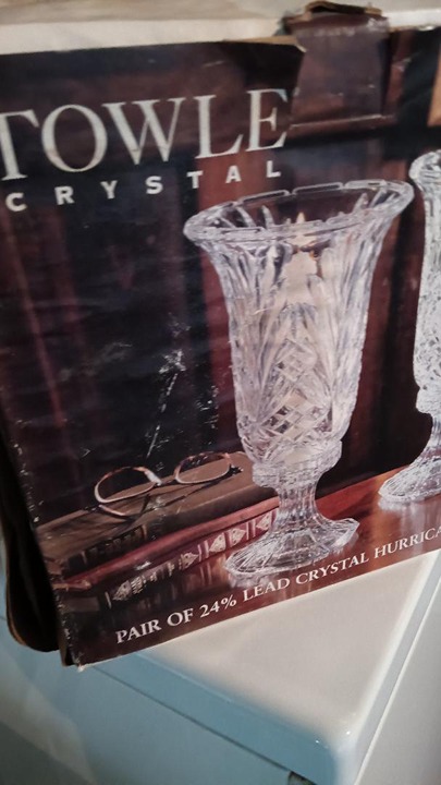 Towle 24% Lead Crystal Hurricanes Pair of 12 Tall 2-Piece-Open Box