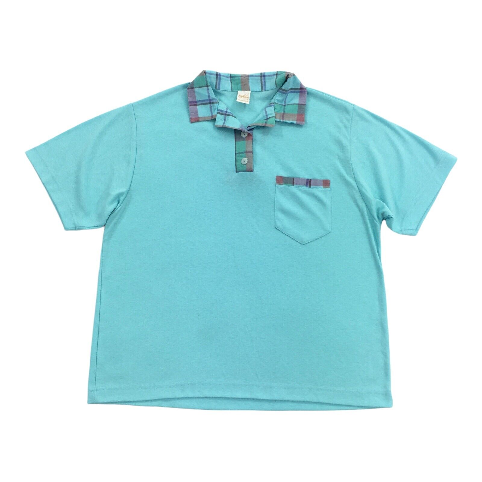 Vintage Jantzen Short Sleeve Polo Shirt Size Large Unisex Light Blue Plaid L