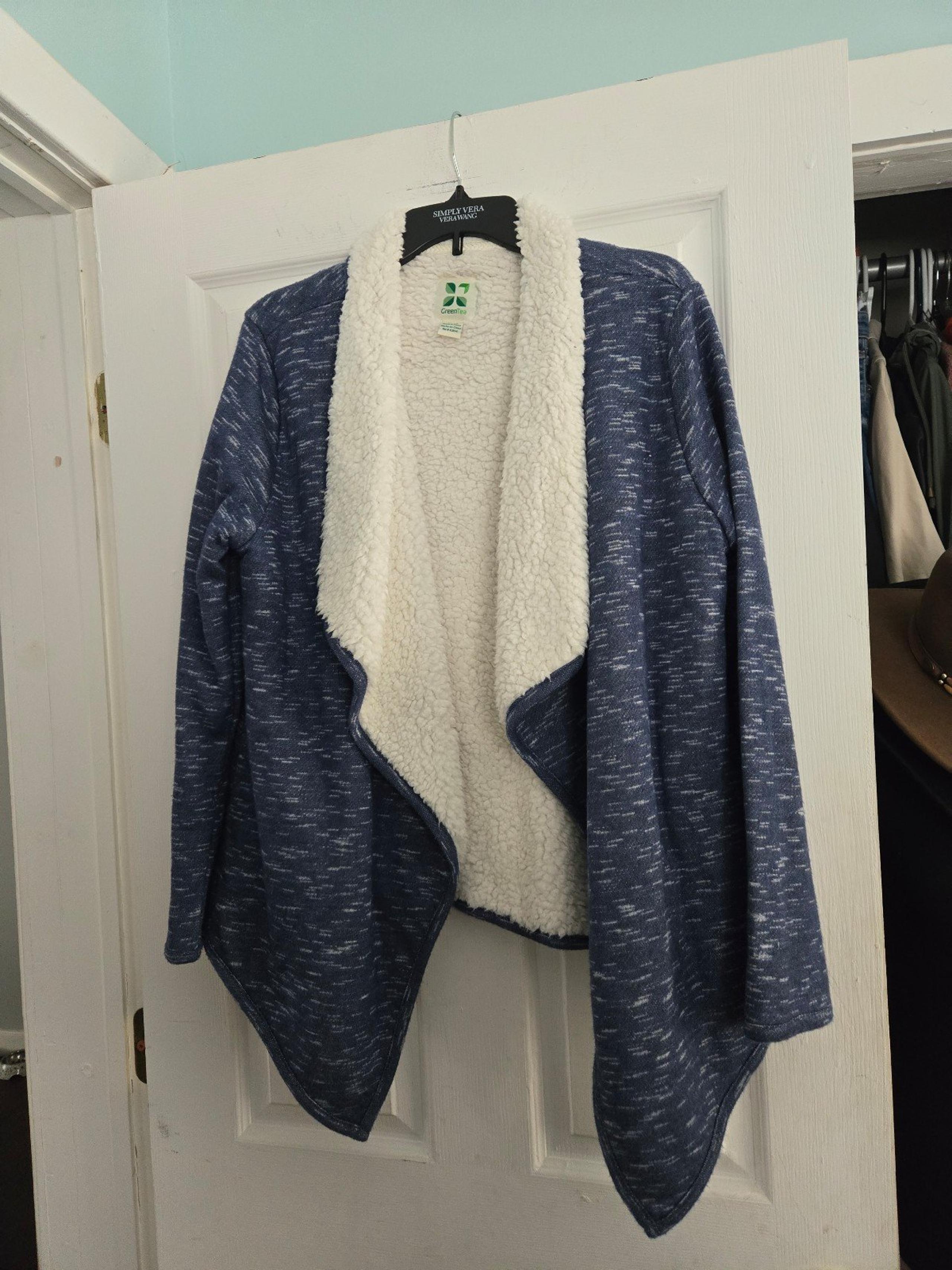 GreenTea Blue and White Sherpa Cardigan with Pockets