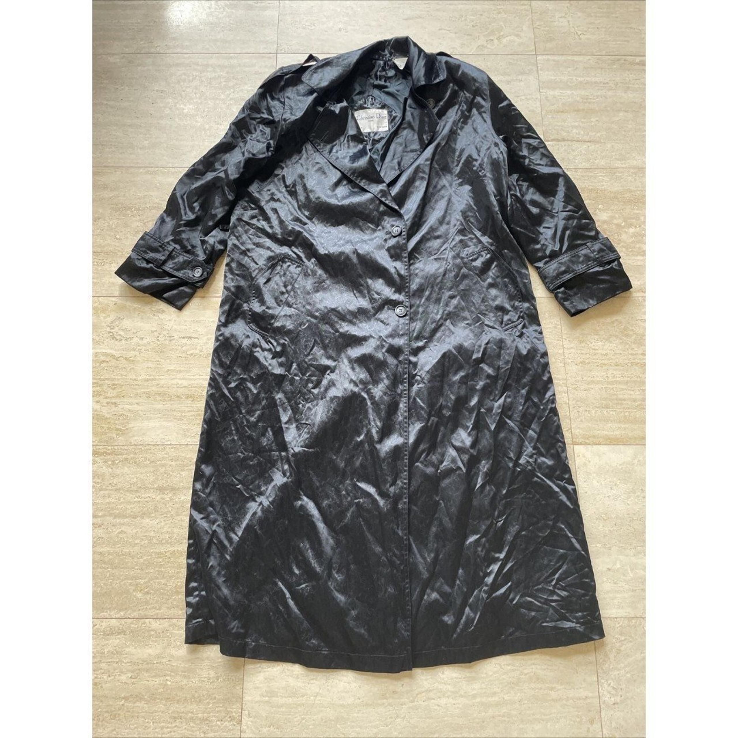 Vtg Christian Dior Long Coat  Size 8 Women's Black Satin Leaf Made In Hong Kong
