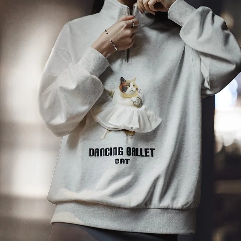 Maden Printed Cartoon Sweatshirts Loose Pullover Light Gray Sweatshirt Women (L)