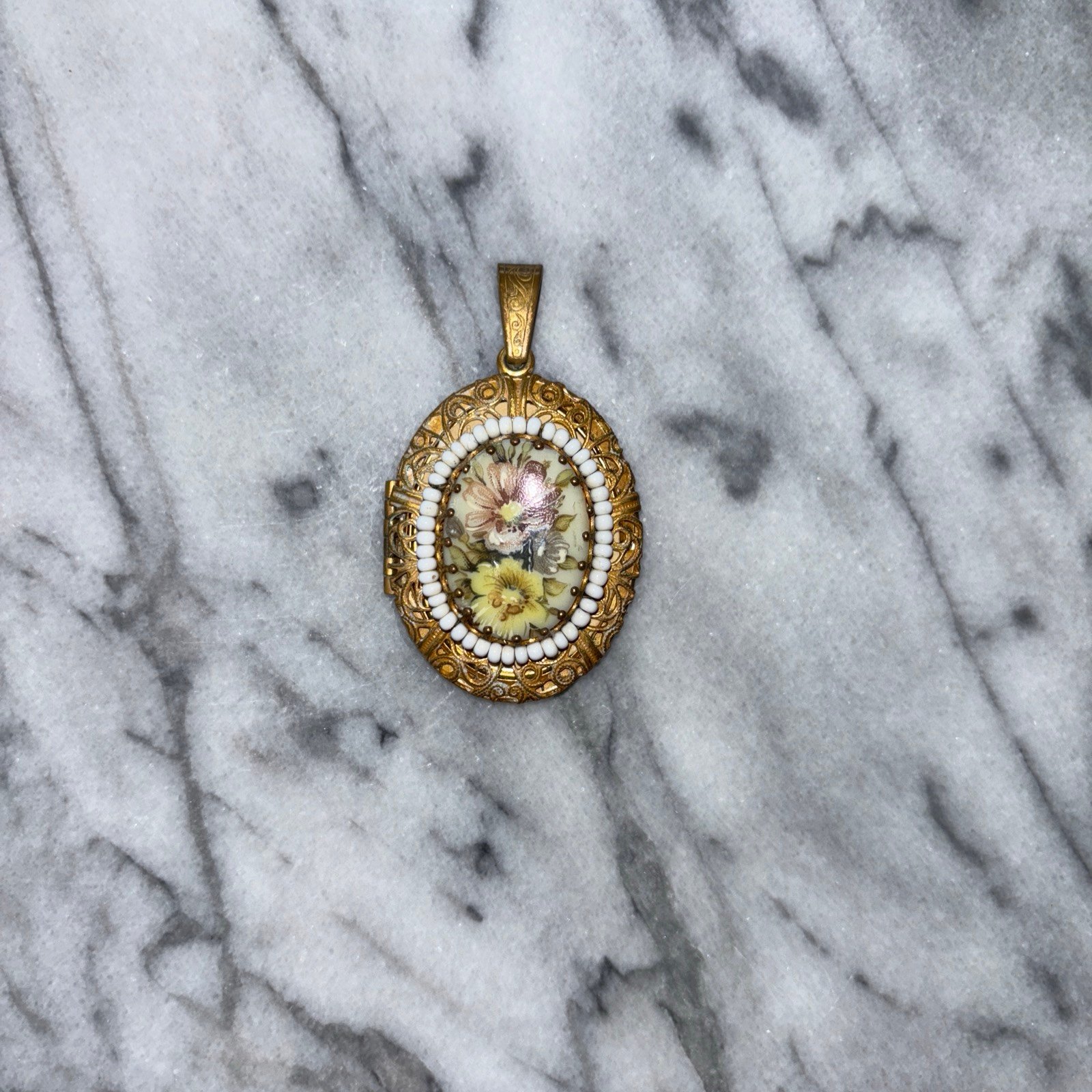 Vintage Miriam Haskell Signed Pendant w/ Painted Flowers & Beaded Decoration