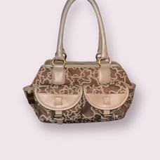 Vintage Tous Brown Leather Canvas Shoulder Bag Medium Casual Women's