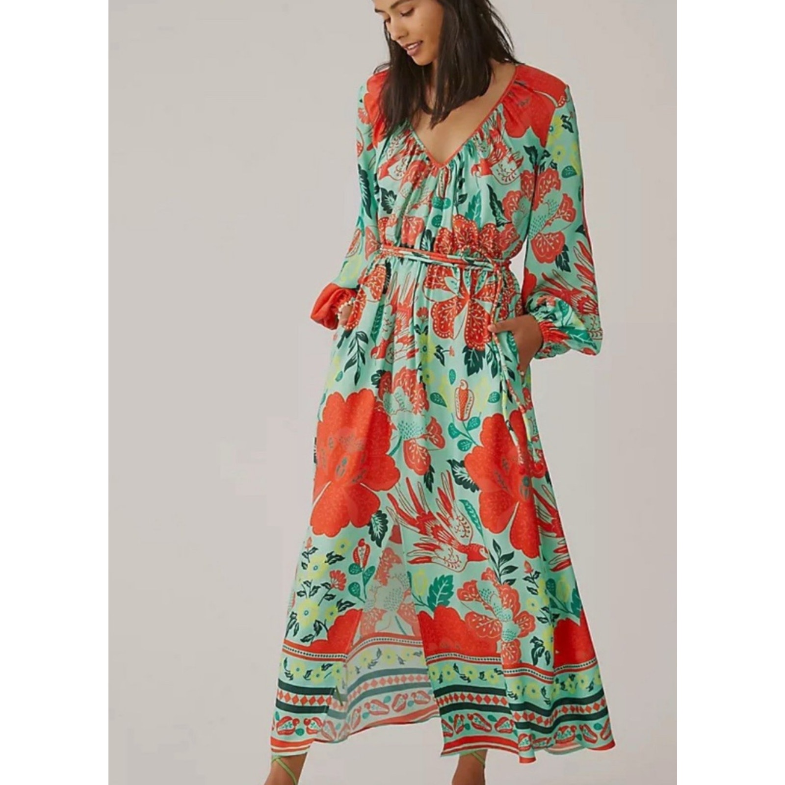 Farm Rio Poppy Print Maxi Dress Womens Medium Green Red Belted Balloon Sleeves