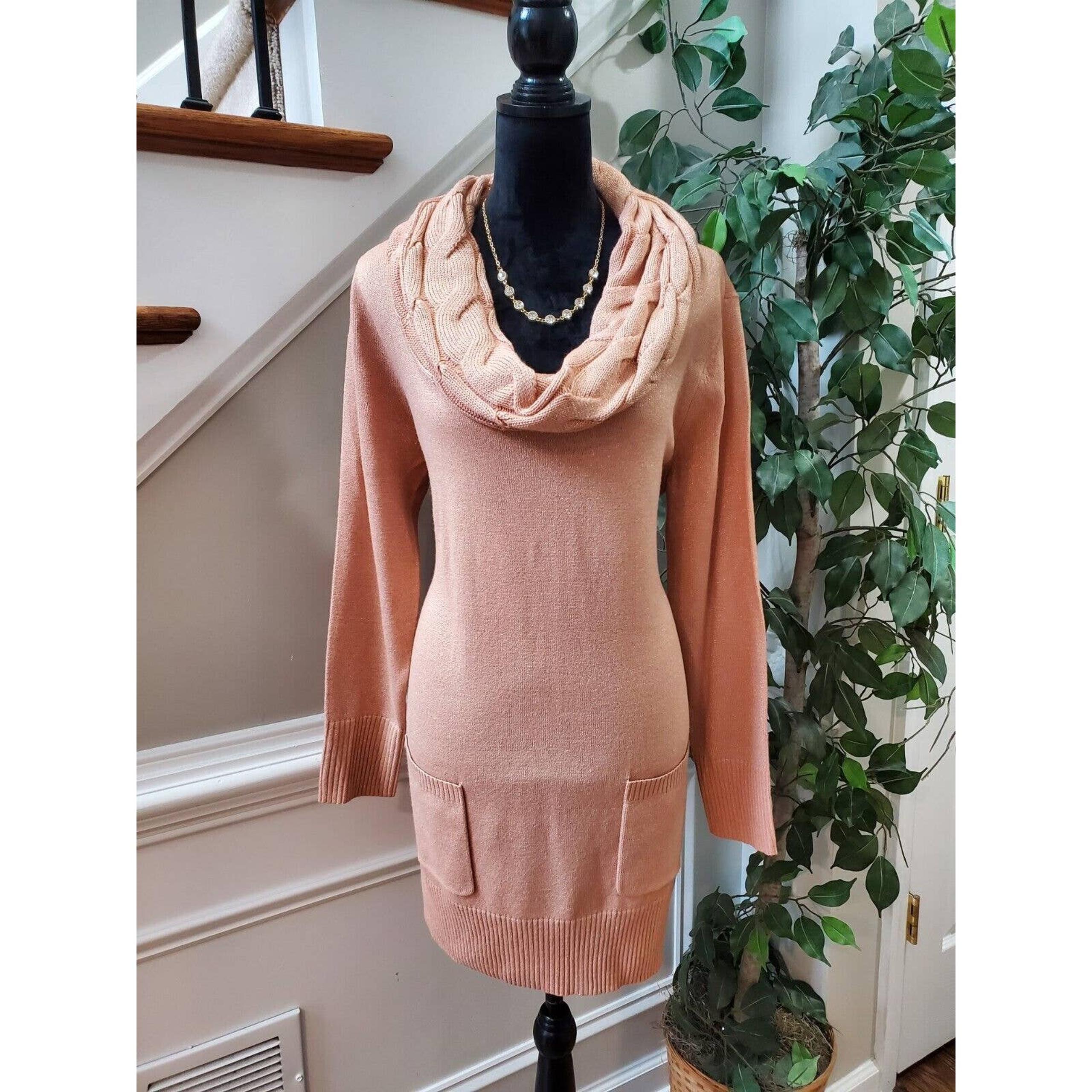 Soho Women's Pink Solid Acrylic Cowl Neck Long Sleeve Knee Length Dress Size L