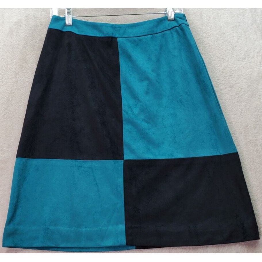 Madison & Max A Line Skirt Women Size 8 Teal Black Velvet Polyester Side Zipper