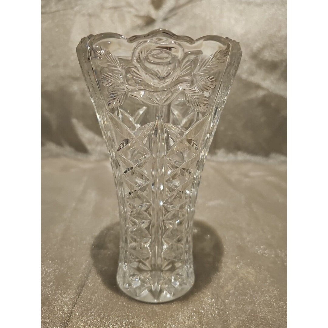 Clear Glass Rose Design 7-3/4 Tall Vase, Heavier-Weight, Age Unknown, pre-owned