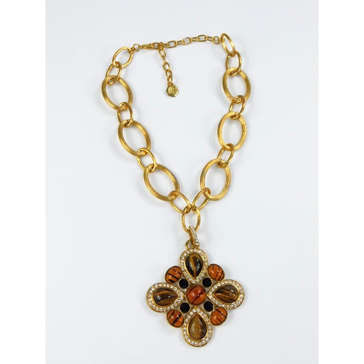 Graziano Mogul Style Tigers Eye Glass Rhinestone Gold Tone Statement Necklace