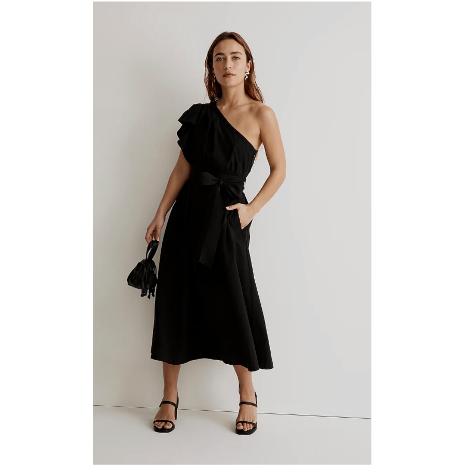 MADEWELL New Black Ruffled One-Shoulder Tie Waist Midi Dress // 2