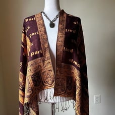 Paris France Pashmina Scarf Wrap Fringe Shawl Brown Gold Boho Retro Travel