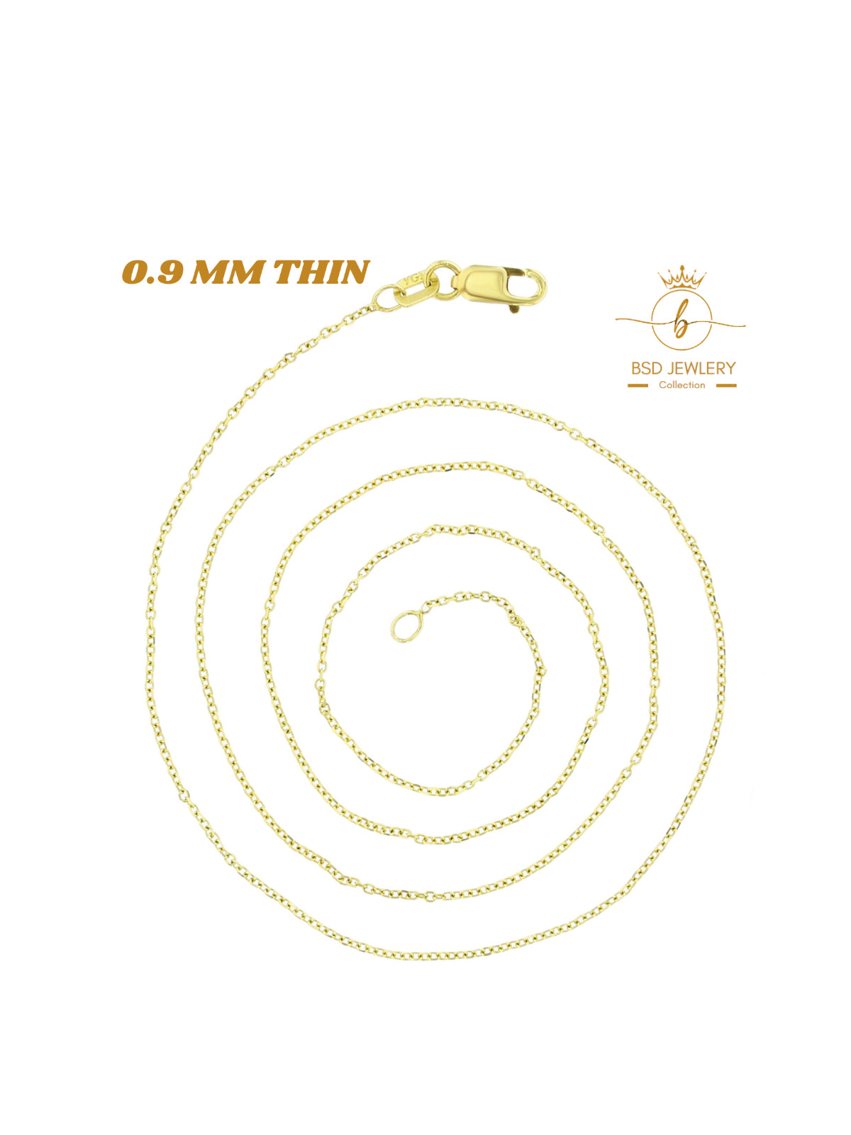 14K Solid Yellow Gold 0.9mm Thin High Polish Rollo Cable Chain With Lobster Lock