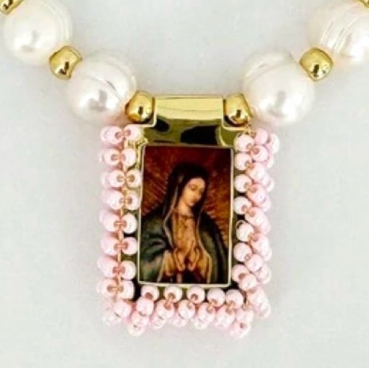 “Seed Bead Framed Our Lady of Guadelupe” Virgin Mary Mother of Pearl Bracelet