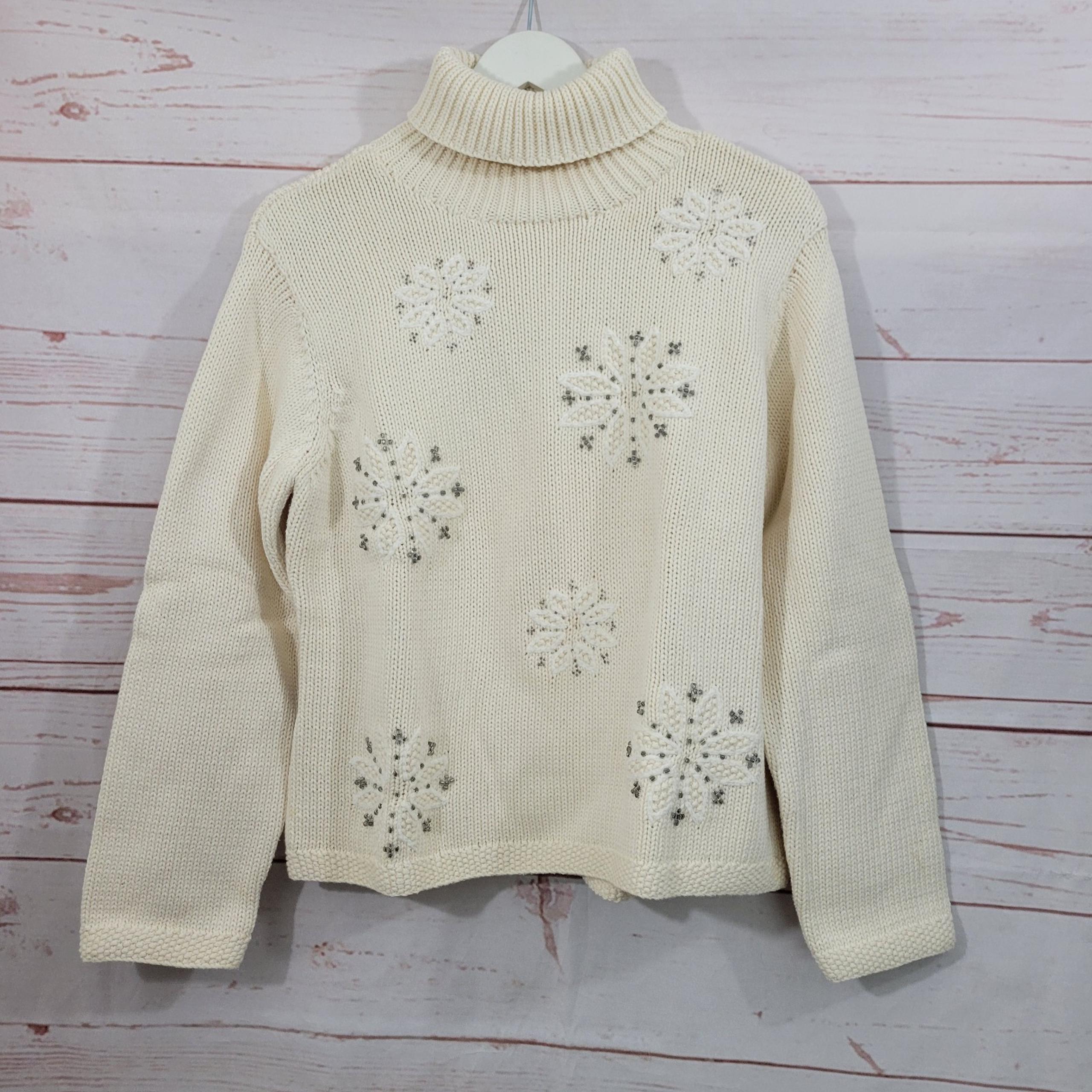 Vintage Talbots Womens Sweater Cream Embroidered Snowflake Turtleneck Sz XL NWT