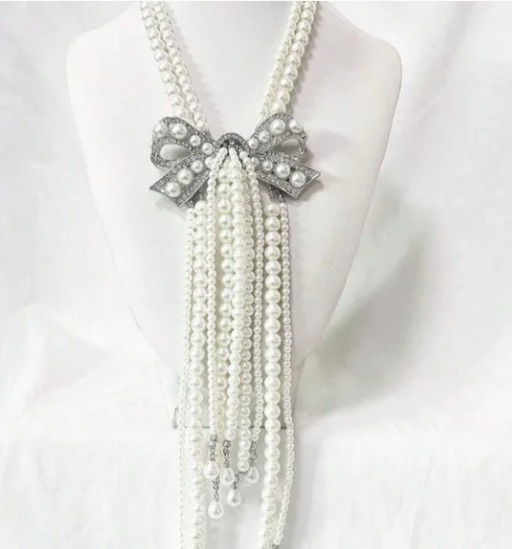 NEW Pearl Layered Bow Statement Necklace