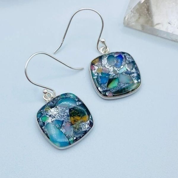 Composite Ethiopian Opal In Pyrite & Peridot Sterling Silver Earrings