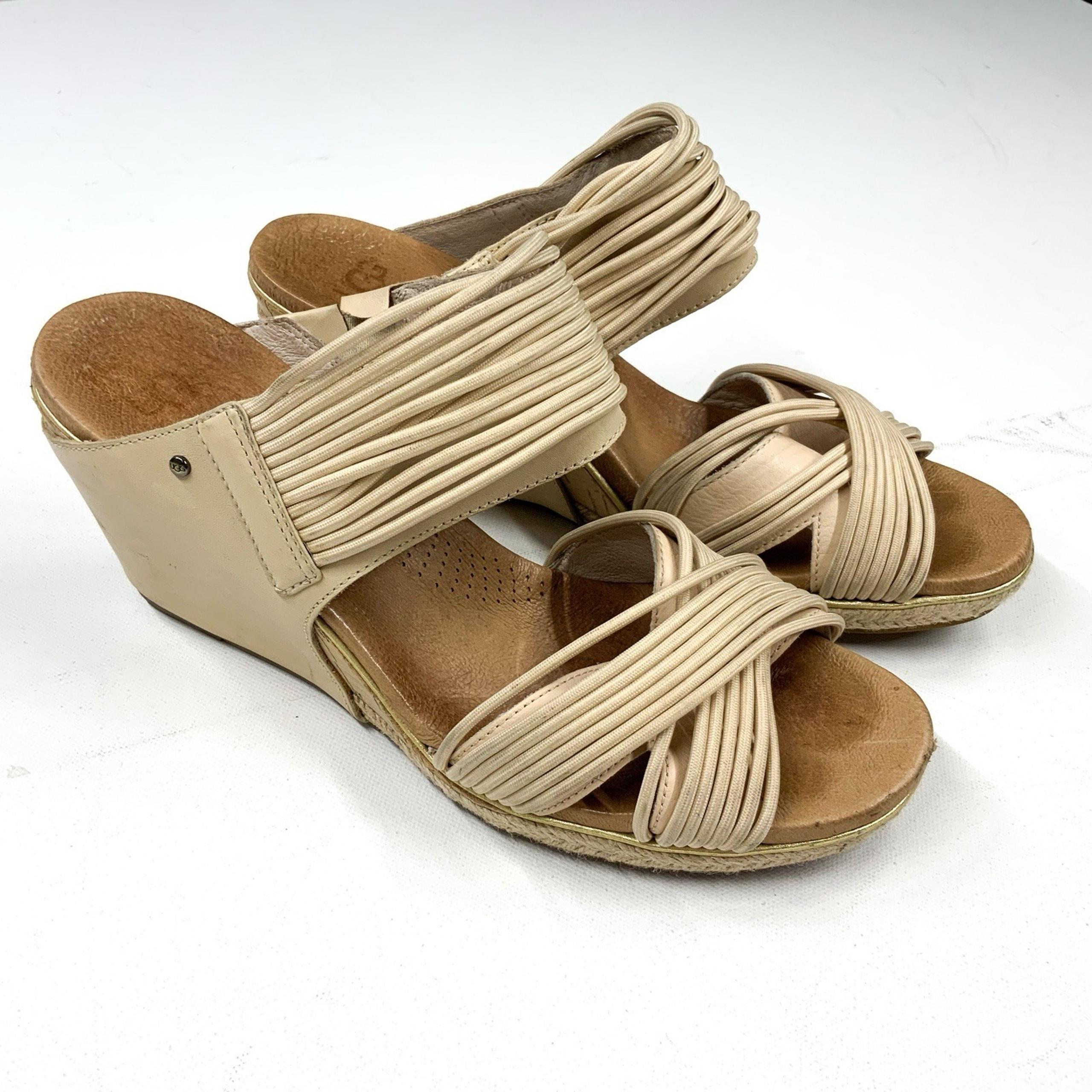 UGG Australia Sandals Hilarie Wedge Slide Beige Leather Slip-On Womens 10