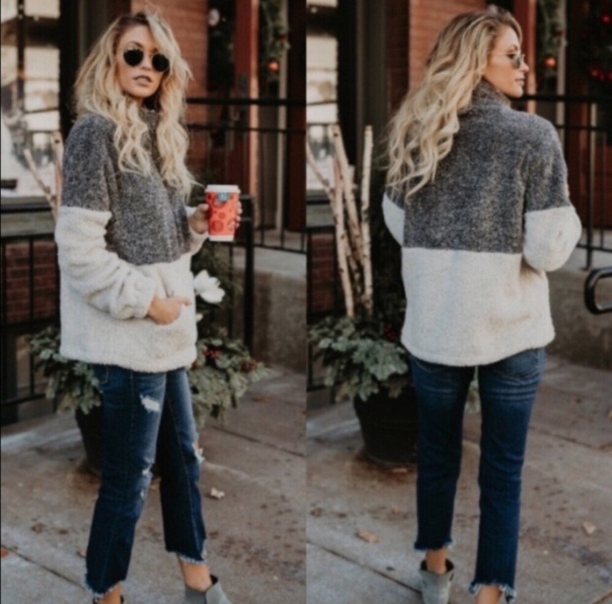 womens sherpa pullover colorblock