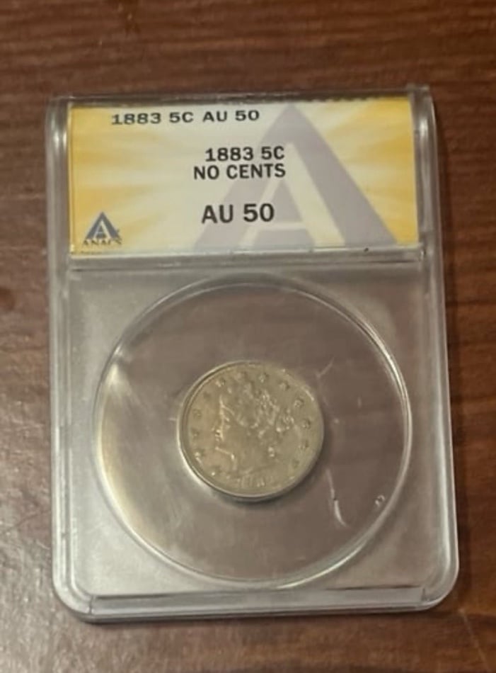 1883 Liberty Head “V” Nickel – No Cents – ANACS AU50 – Attractive Toning
