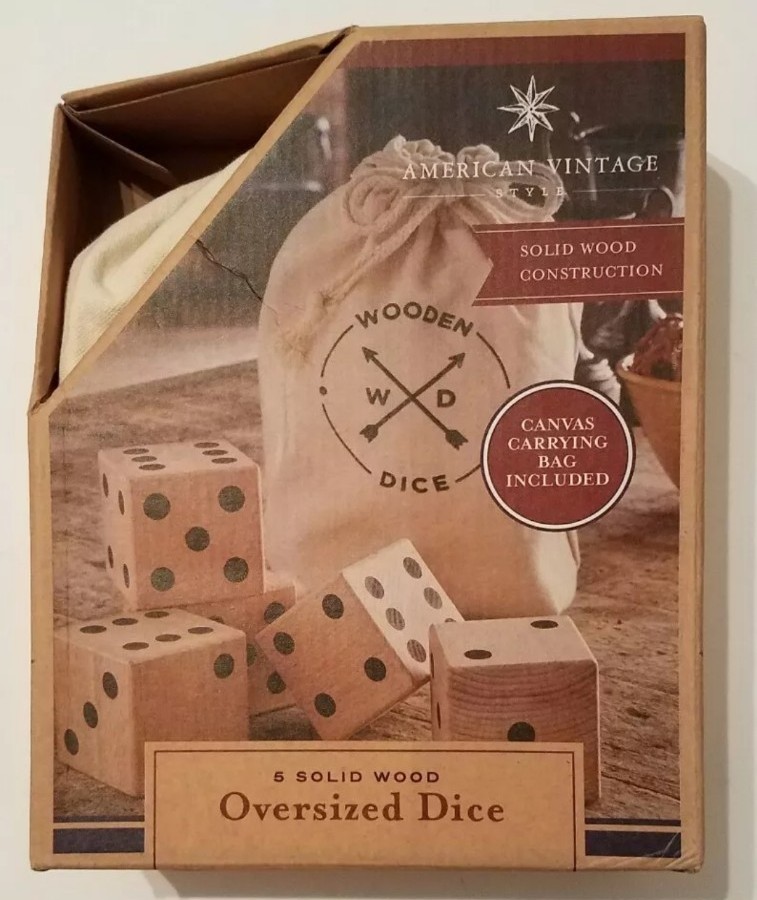 American Vintage 5 Solid Wood Oversized Dice Jumbo Dice with Canvas Carrying Bag