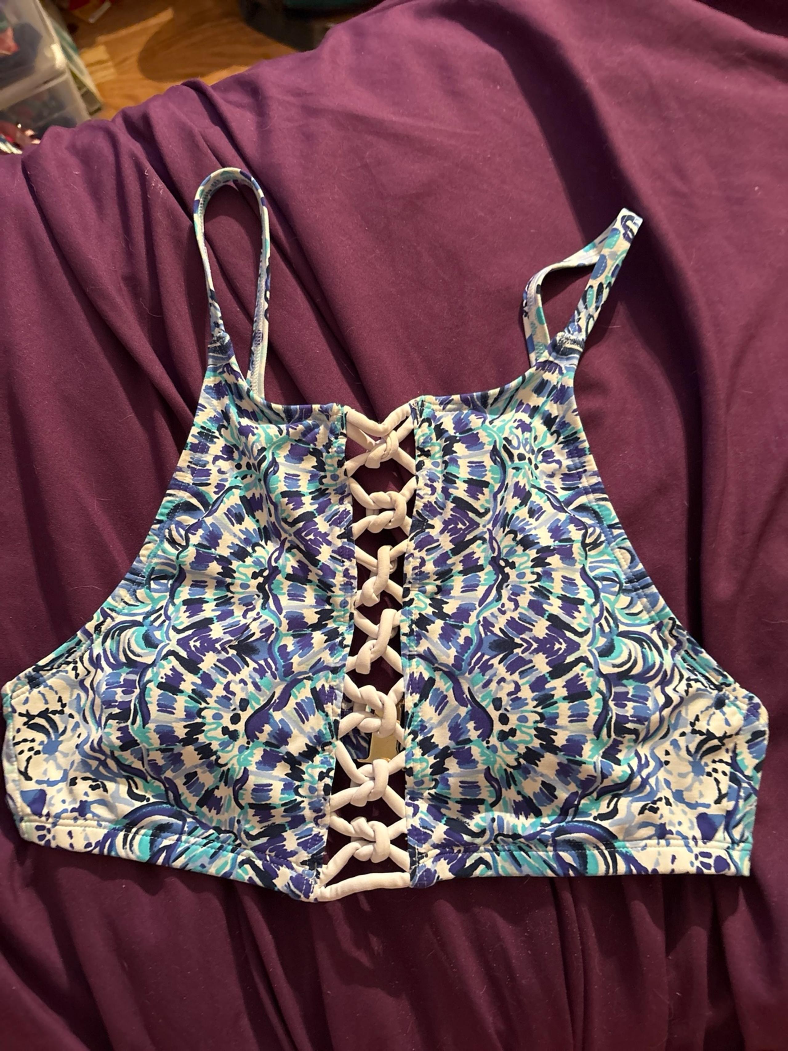 Lilly Pulitzer swim top, back clasp, adjustable straps, shades of blues, size 2