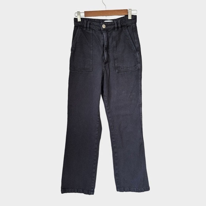 Zara High Rise Wide Leg Crop Jeans Black Denim Women’s Size S Raw Hem
