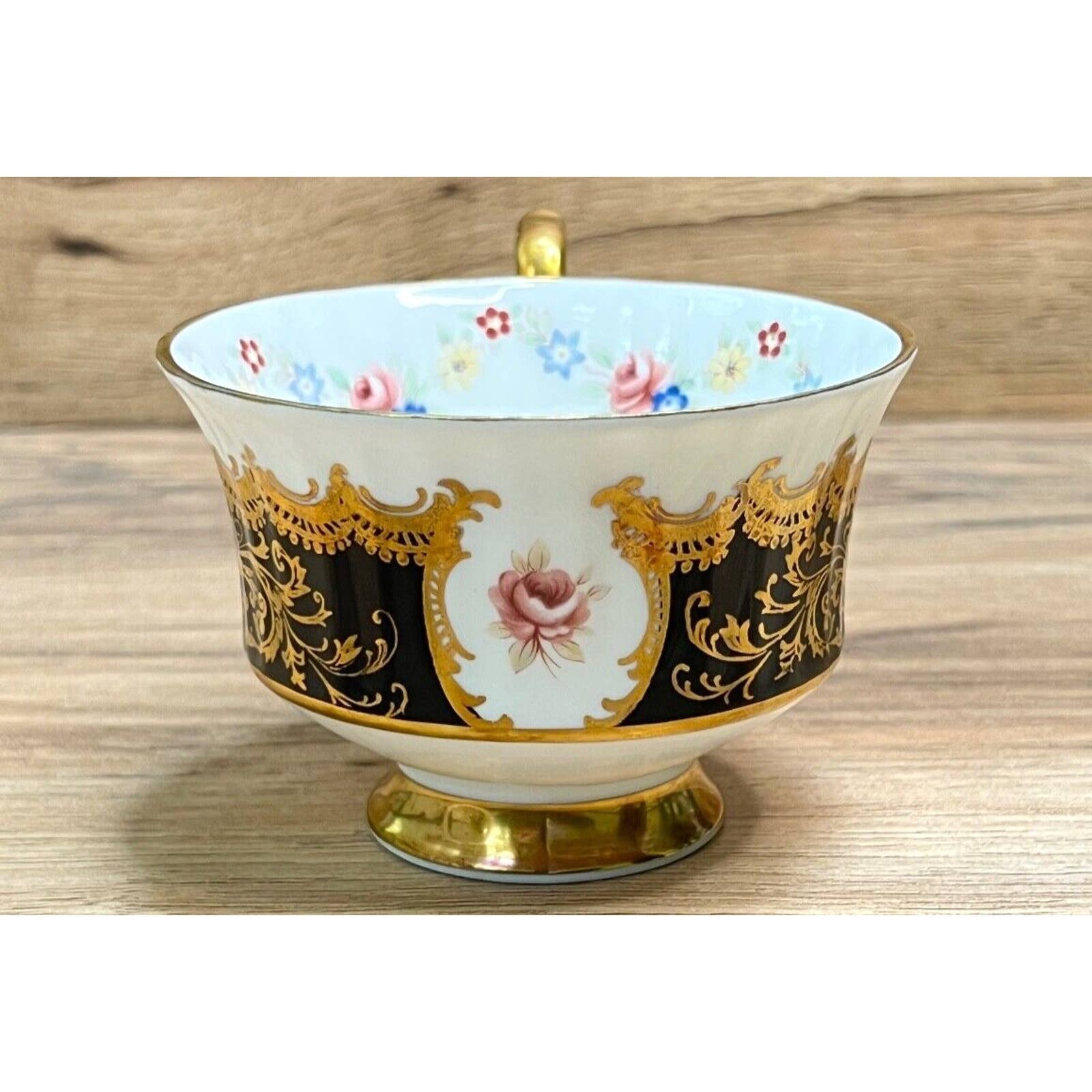 Paragon England Bone China Trenton Footed Teacup & Saucer Black & Gold Floral