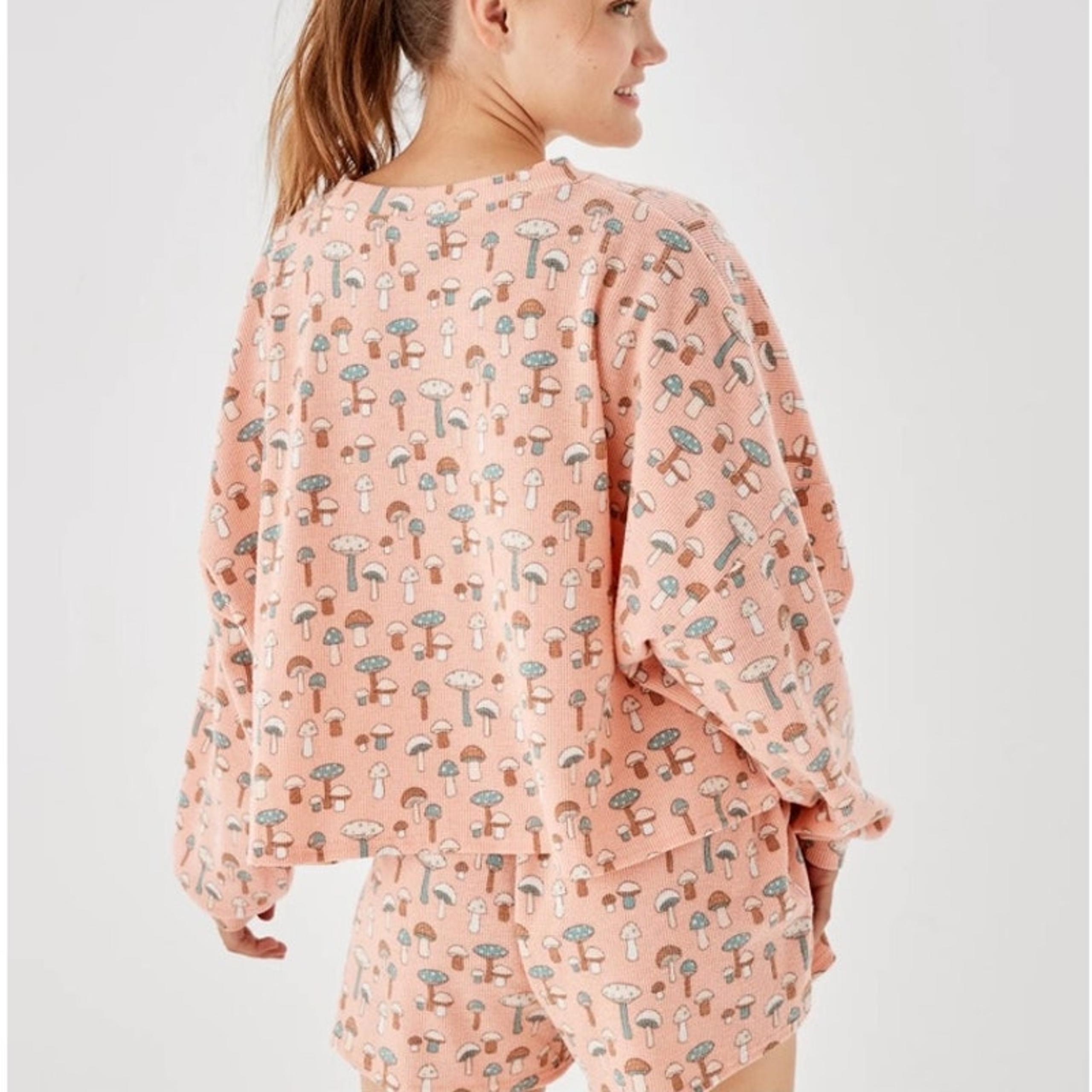 American Eagle Relaxed Waffle Pajama Set Womens Small Mushrooms Loungewear Comfy