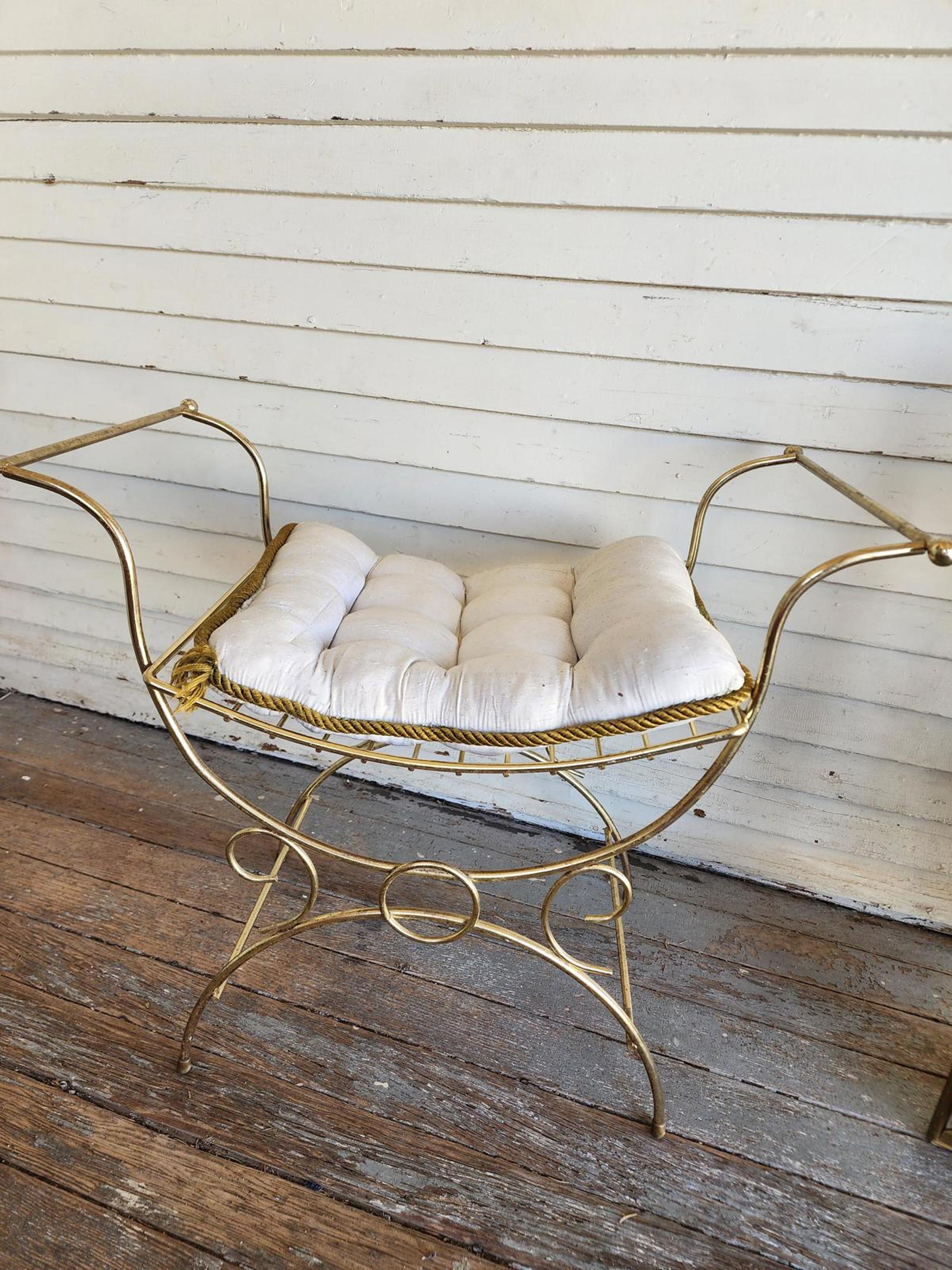 Vintage Hollywood Regency Brass Vanity Seat/ Window Bench