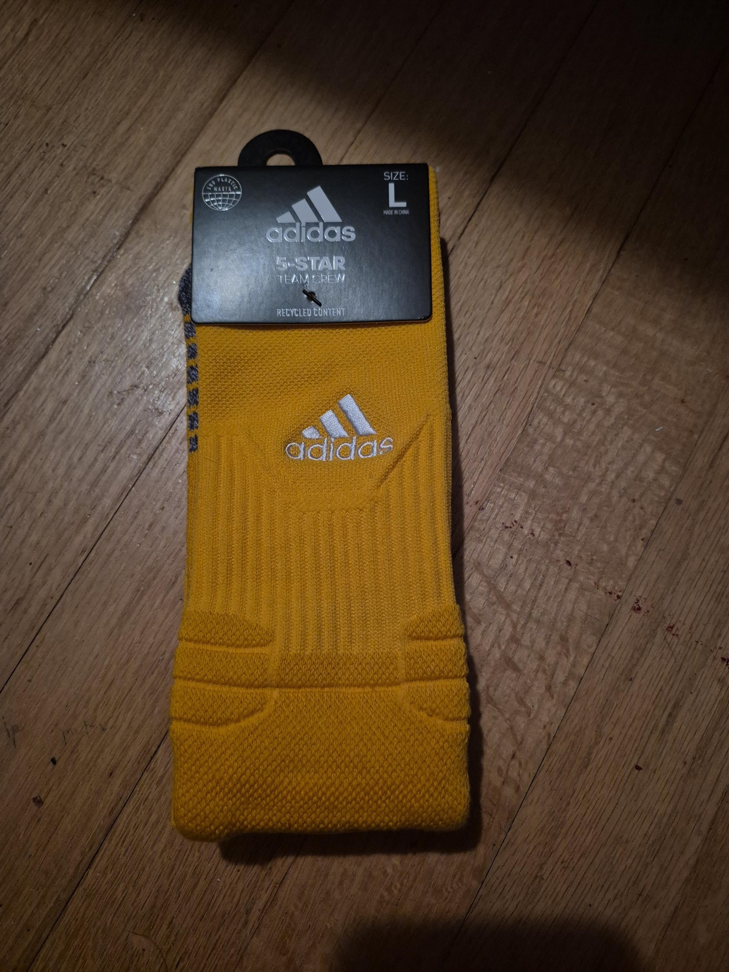 BRAND NEW! ADIDAS 5-STAR TEAM CREW SOCKS, COLLEGIATE GOLD, WHITE, GRAY, LARGE!
