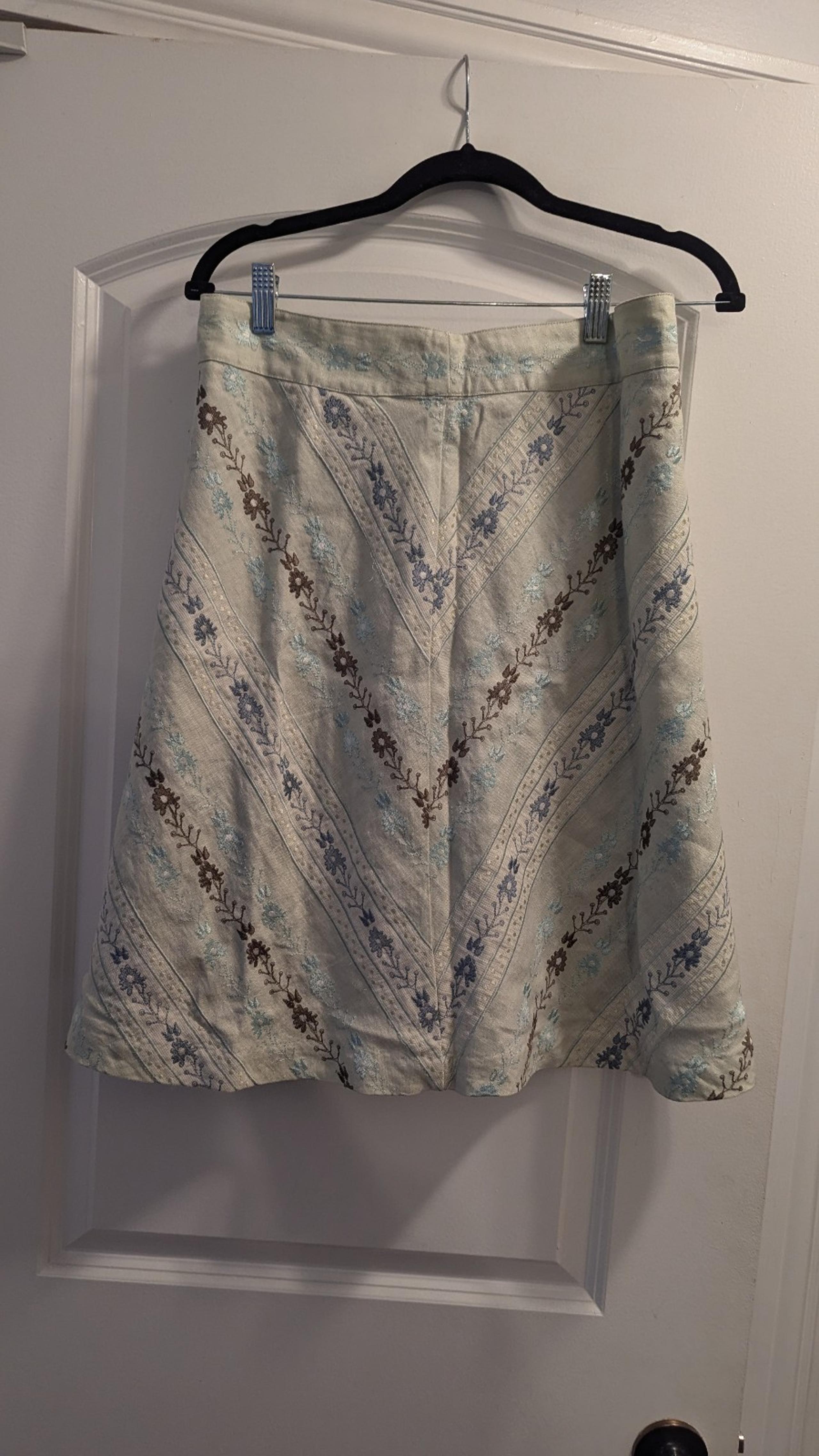 Sigrid Olsen A-Line Skirt Women 8 Green Floral Linen Embroidered Knee Length
