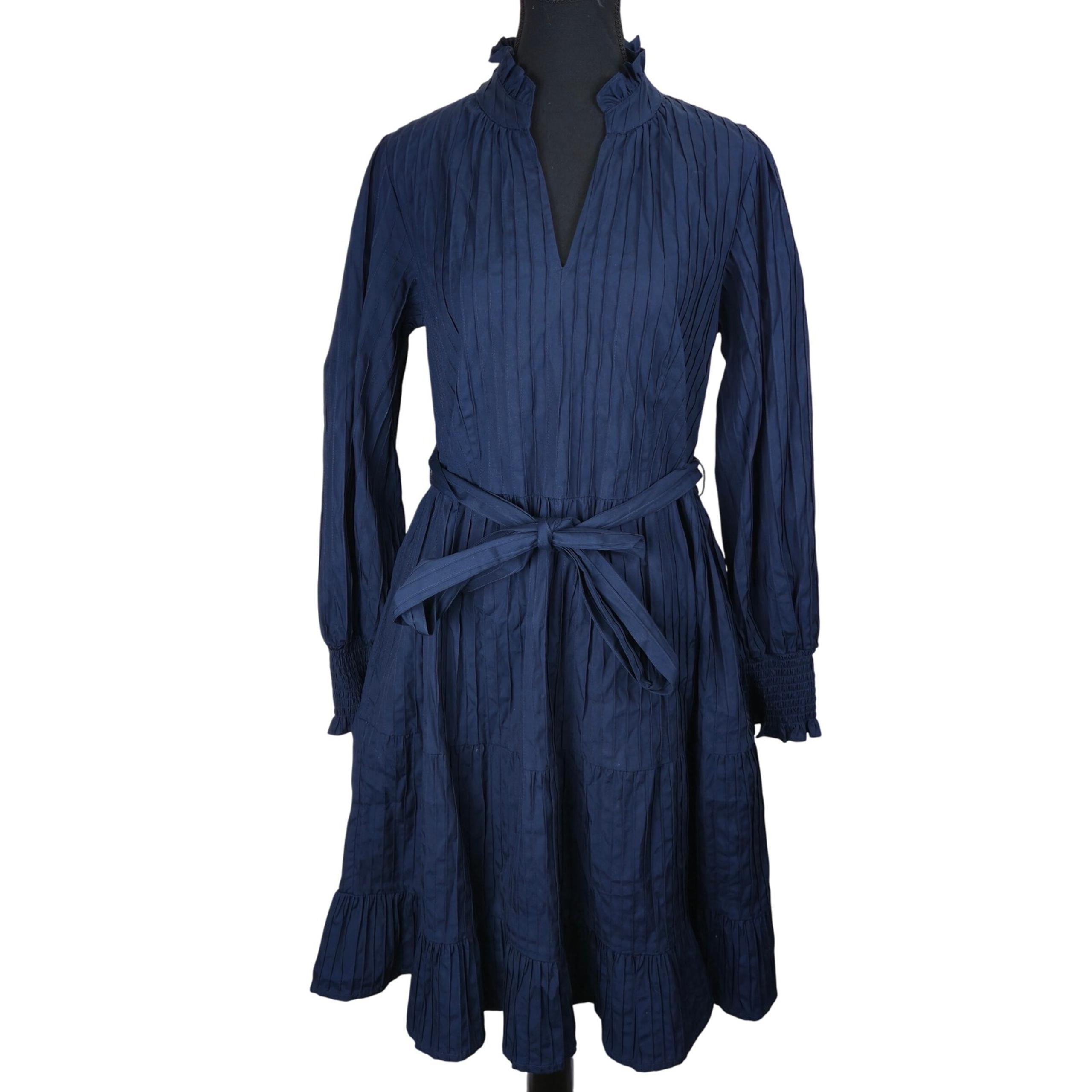 NWT Elie Tahari Navy Dress Medium Ruffle Mock Neck Long Sleeve Belted Pleated