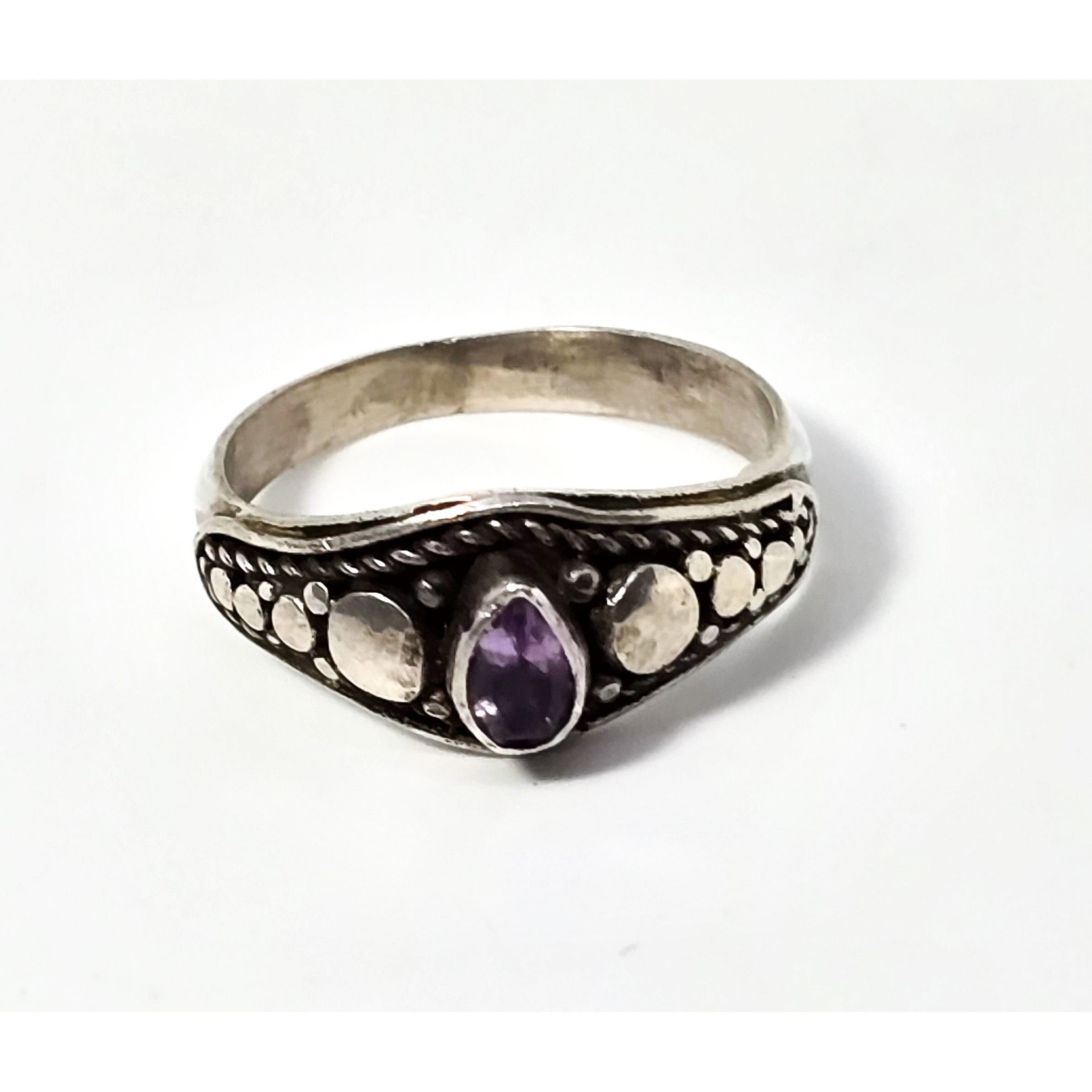 Amethyst sparkling purple peart cut tribal sterling silver vintage ring band si