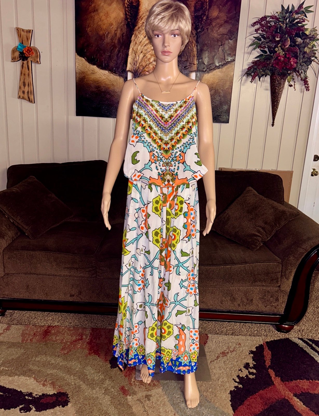 Camilla ~ Size Small ~ Silk ~ Multi-Colors Geometric Designs W/ Rhinestone Dress