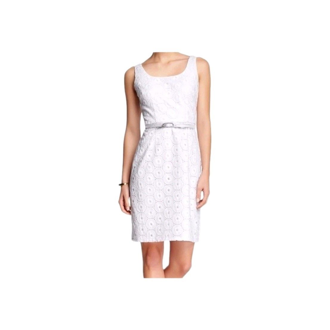 Adrianna Papell White Eyelet Sheath Dress Size 16 Missing Belt