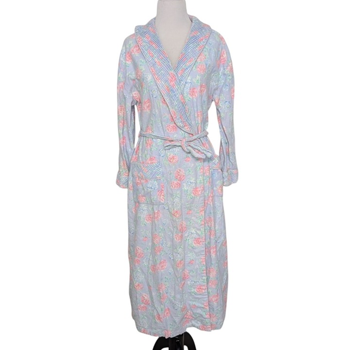 Lanz of Salzburg Floral Flannel Midi Robe Womens Size XS Blue Pockets Belted