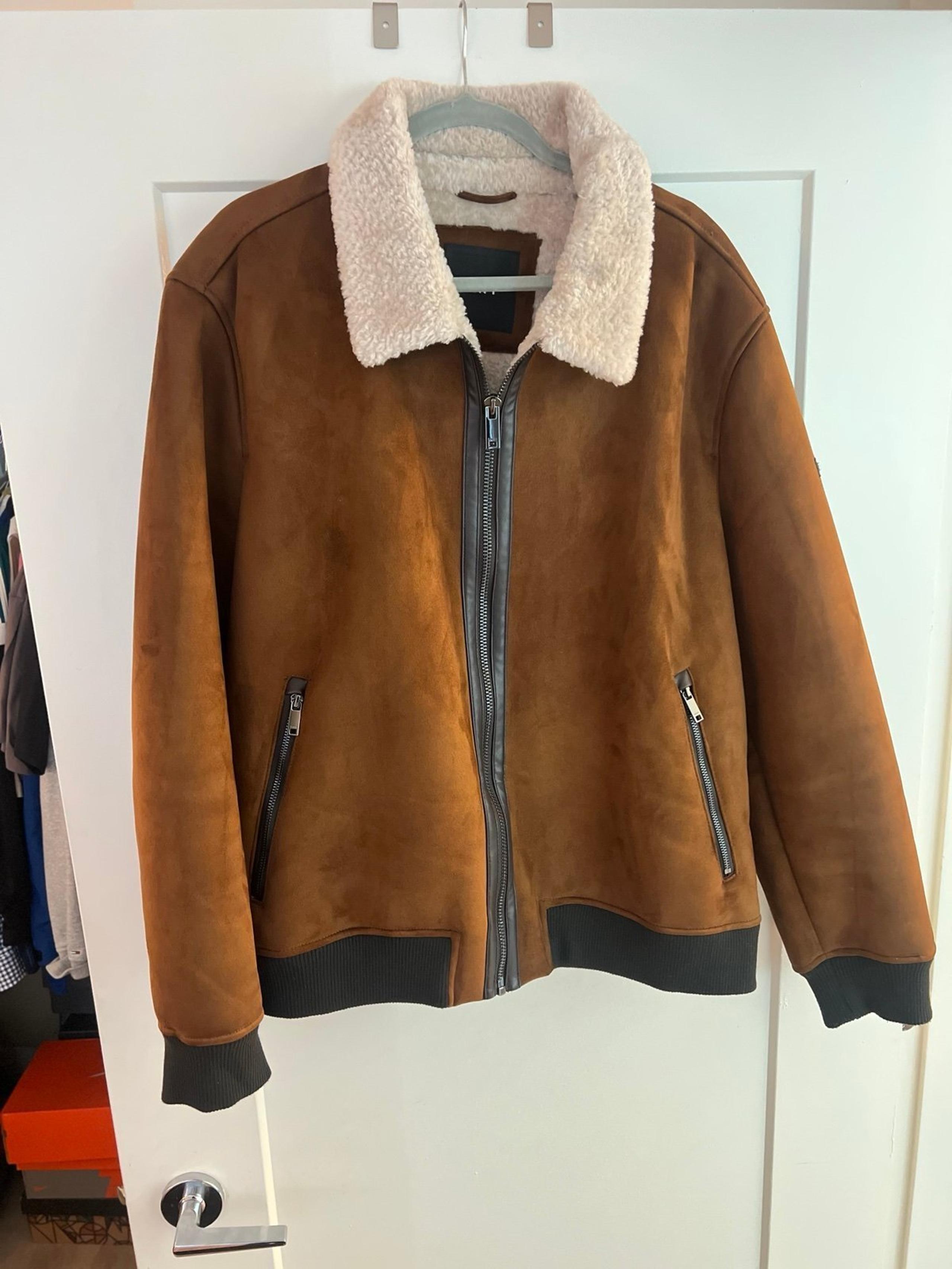 DKNY Men's Shearling Bomber Jacket with Faux Fur Collar
