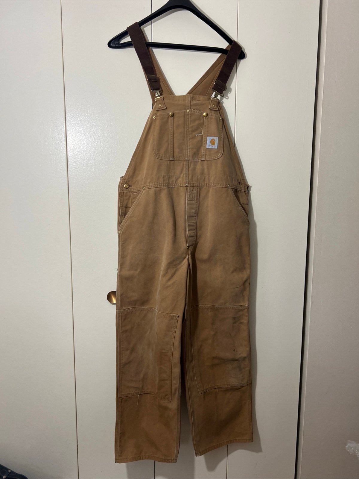 Carhartt Bib BRN Overalls 6FB Double Knee Made In USA Size 40x30 Distressed