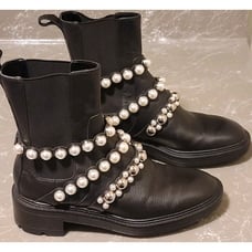 Zara Chelsea Boots Womens Black Lug Sole Leather Triple Pearl Strap,Size 36