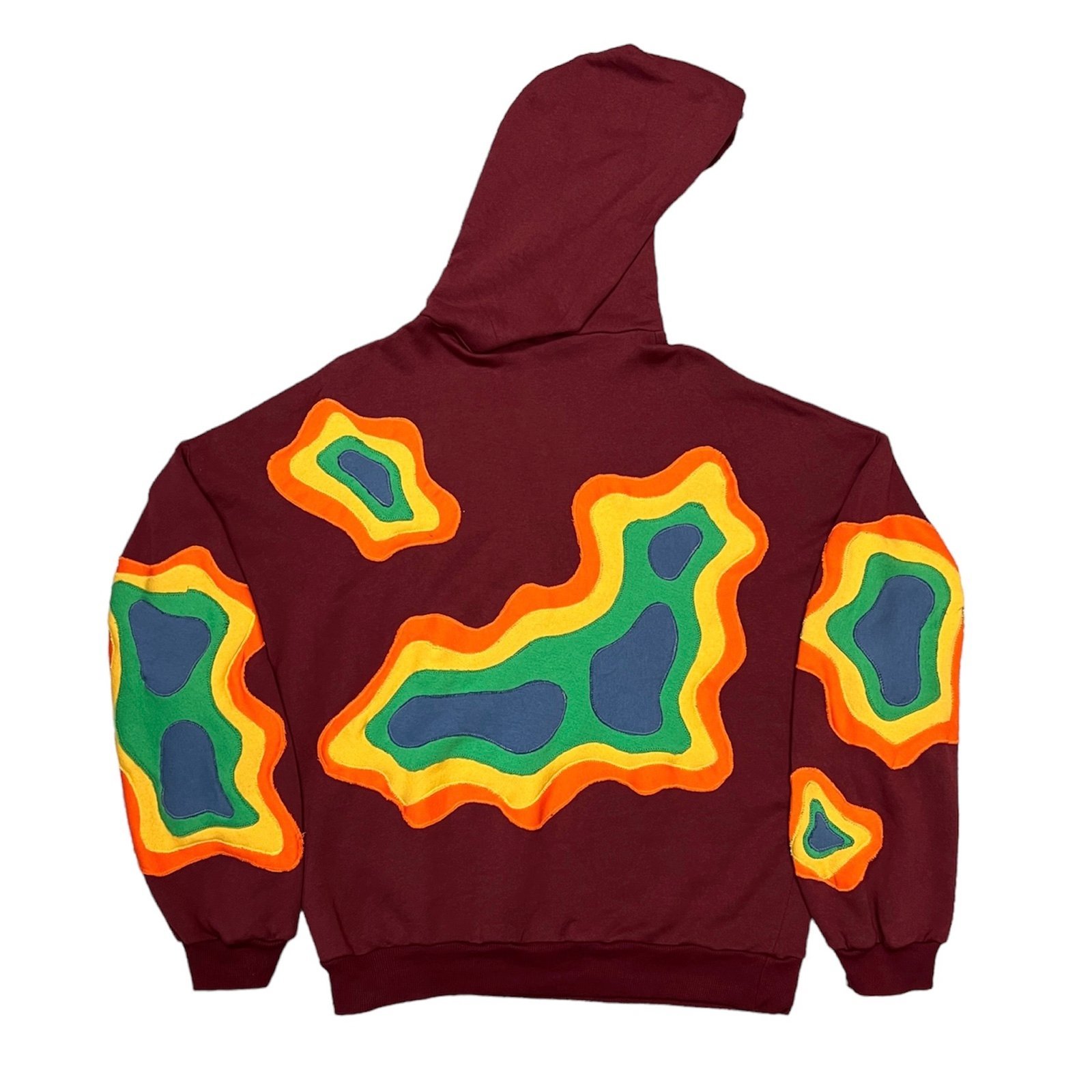 Designed Upcycled Hoodie Sweatshirt - Burgundy w/ Multicolor Layered Art Pattern