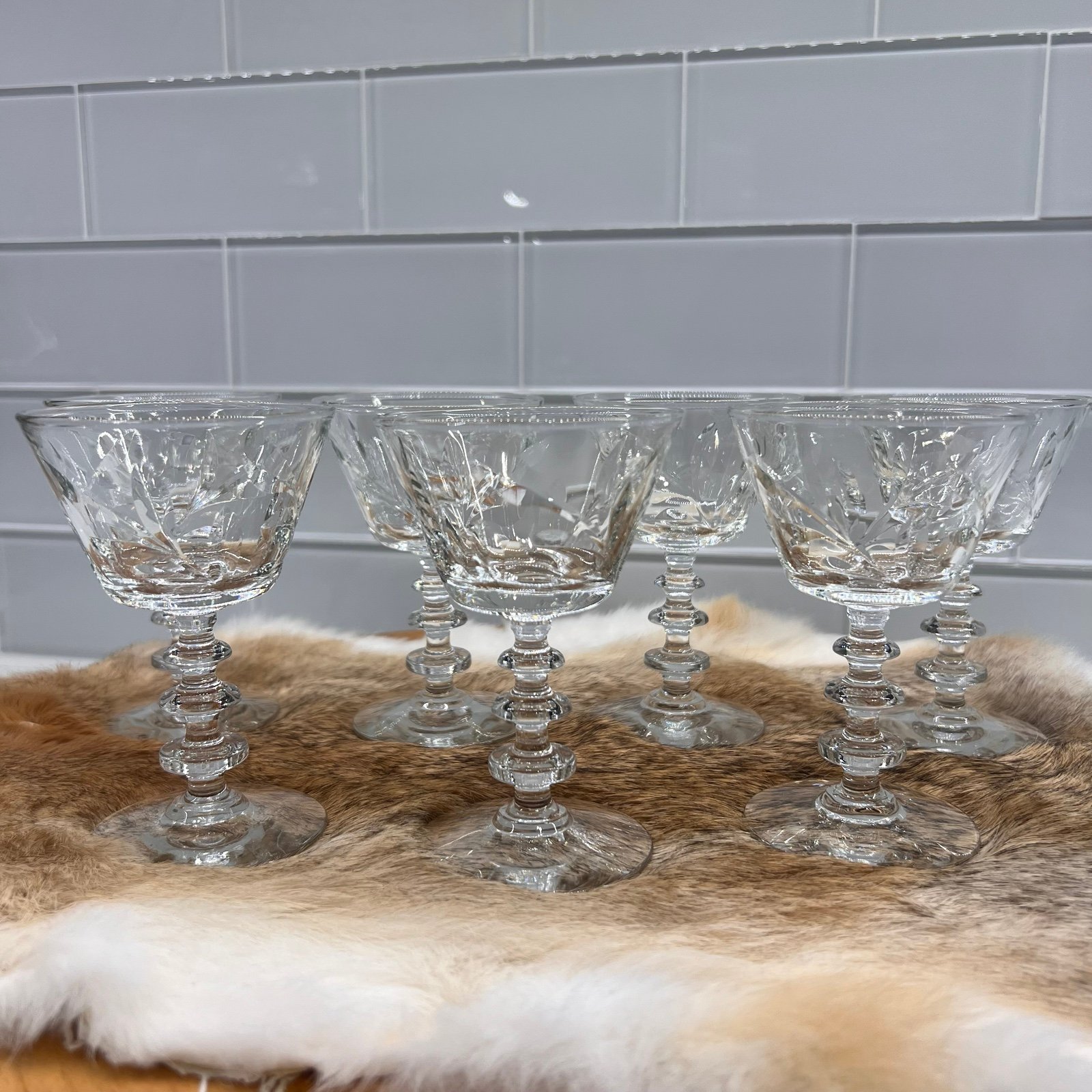 Vintage MCM 1940s Rock Sharpe Victoria Pattern Champagne Coupes 3-Ring Stem 7pc