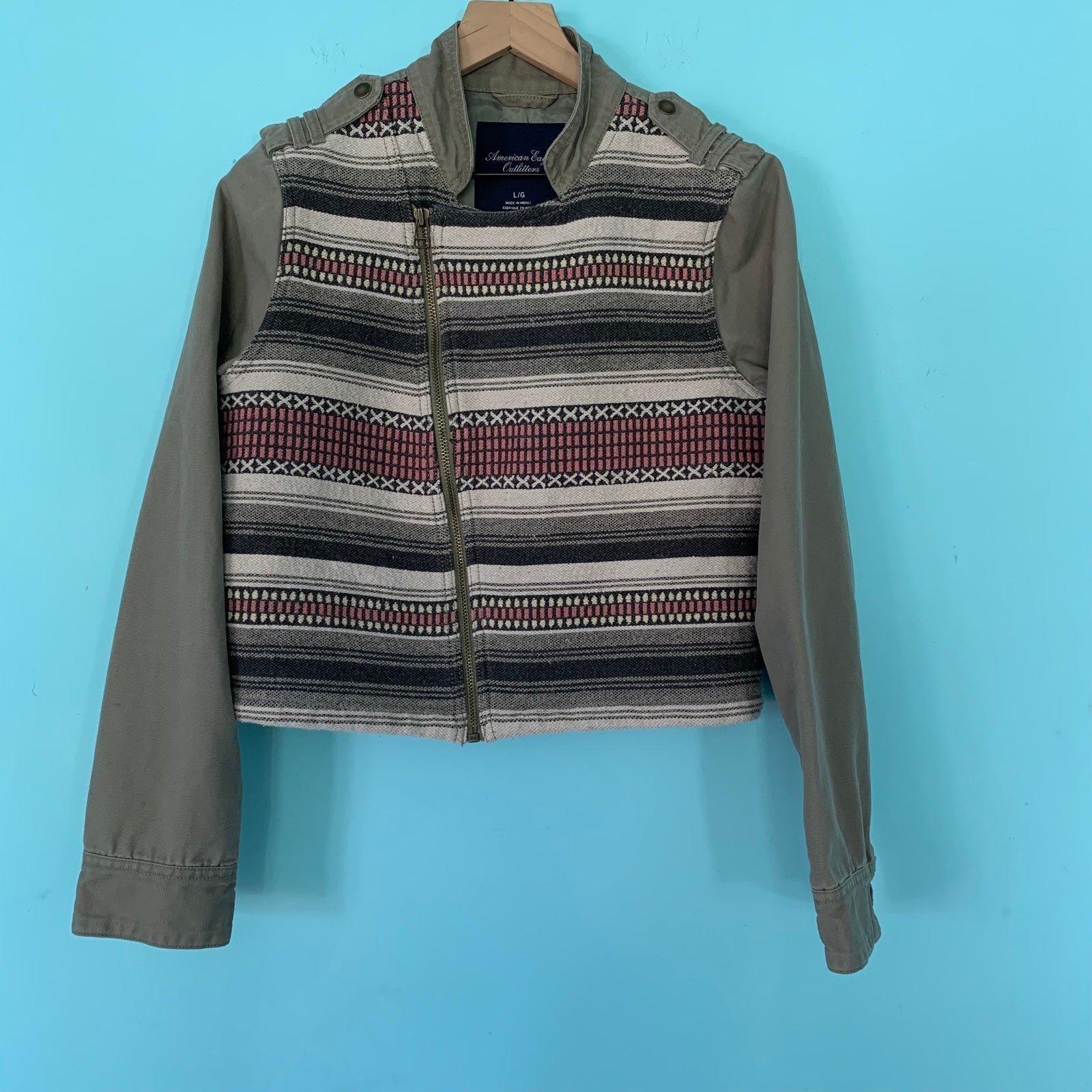 American Eagle Aztec Southwestern Woven Utility Canvas Jacket Green L Tribal