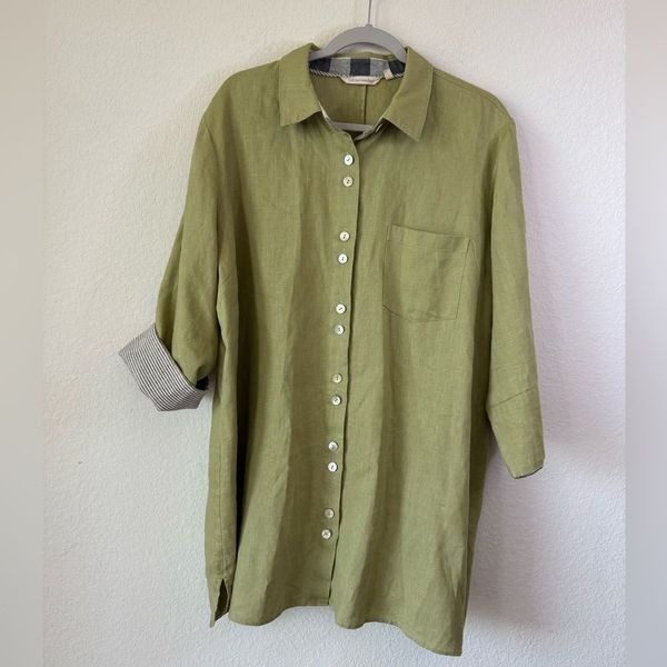 Soft Surroundings Desert 100% Linen Tunic Shirt Jacket Olive Green 1X Lagenlook