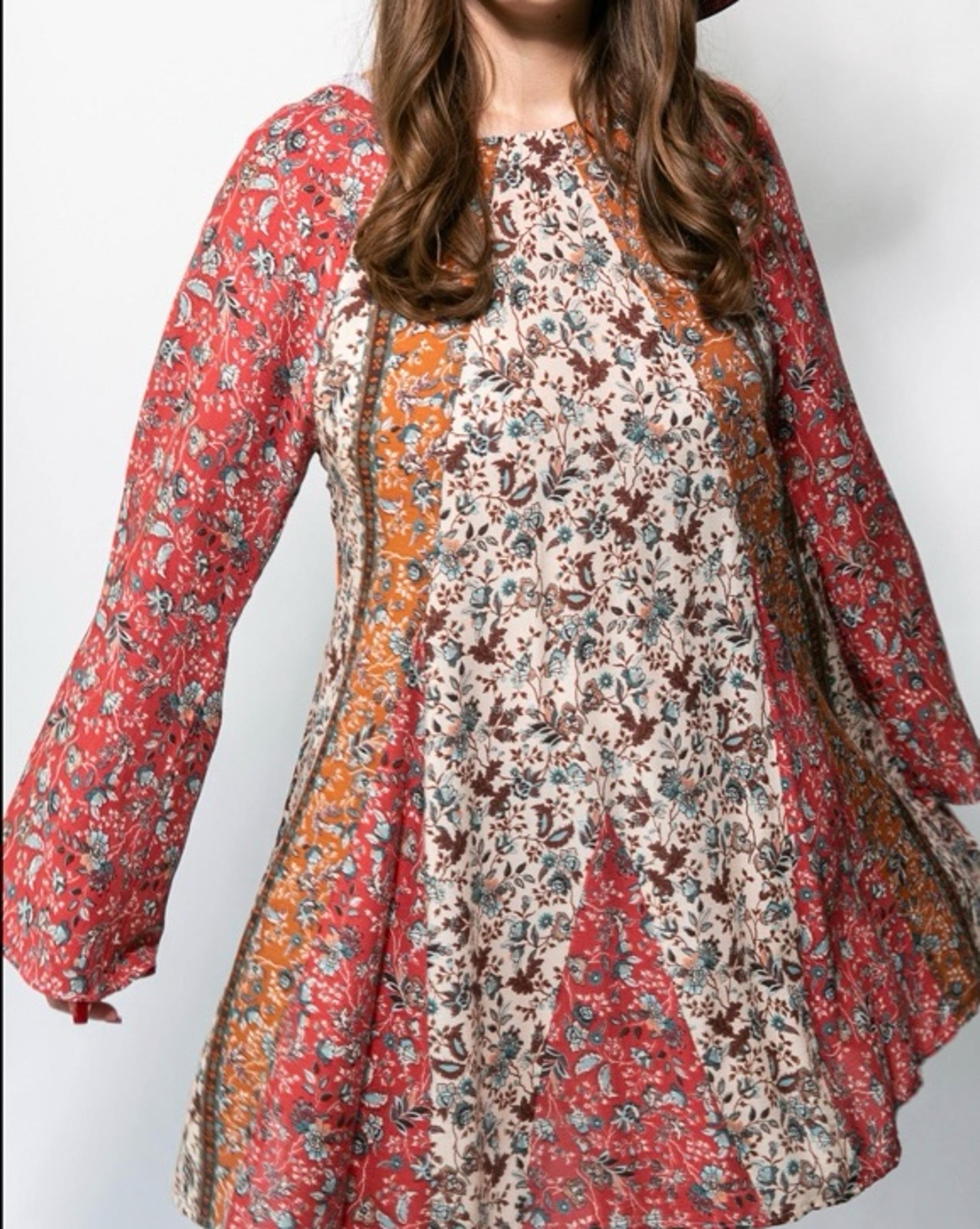Anthropologie Lovestitch Bohemian Floral Bell Sleeve Mini Dress