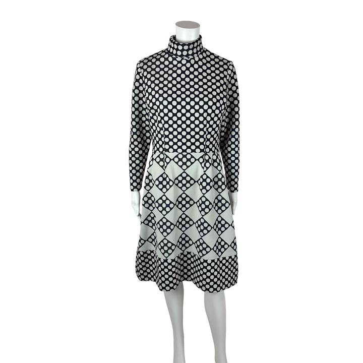 Vintage 70s Polka Dot Dress Womens Medium Black White Long Sleeve Mod Babydoll