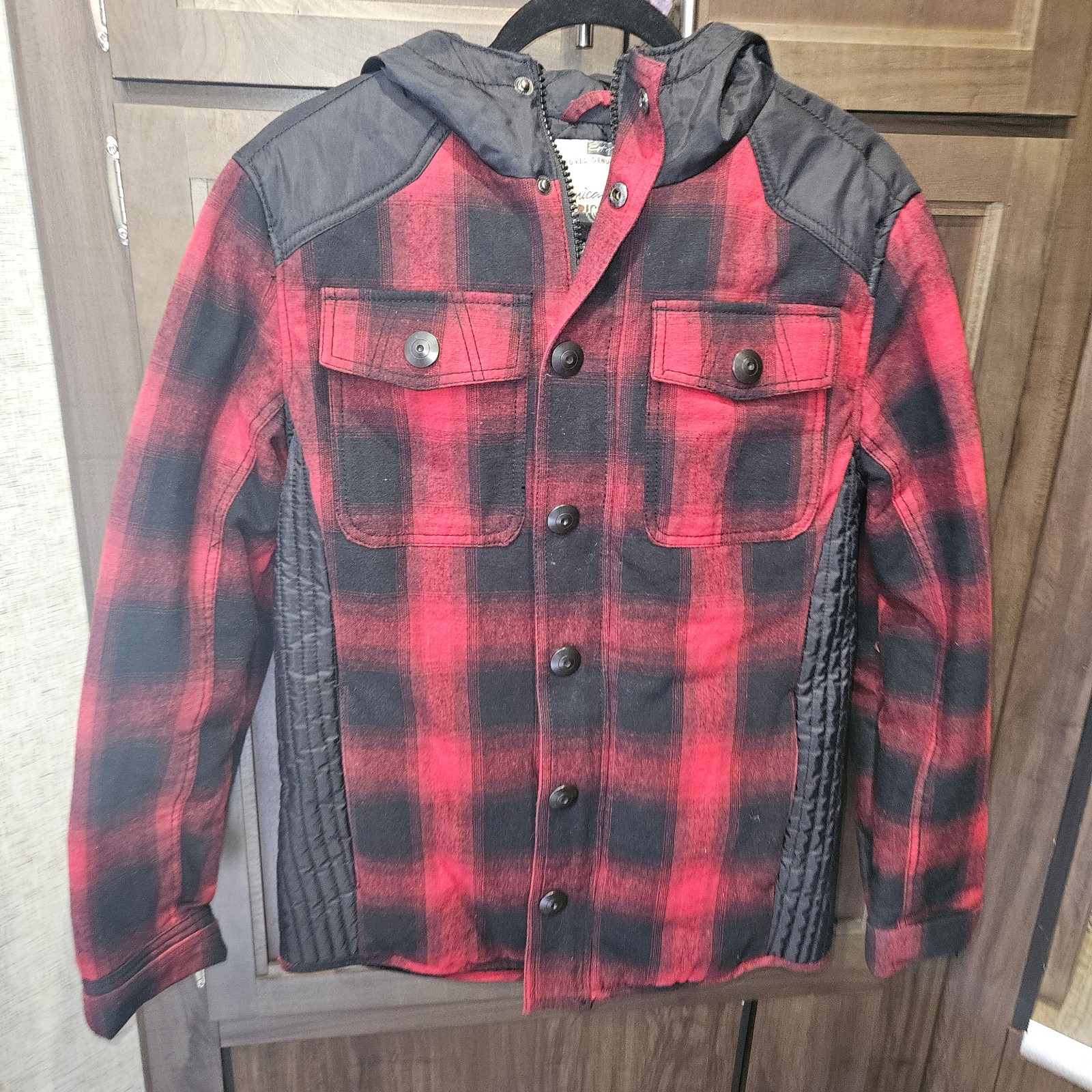 Plaid jacket with hood. Made by American rag co.